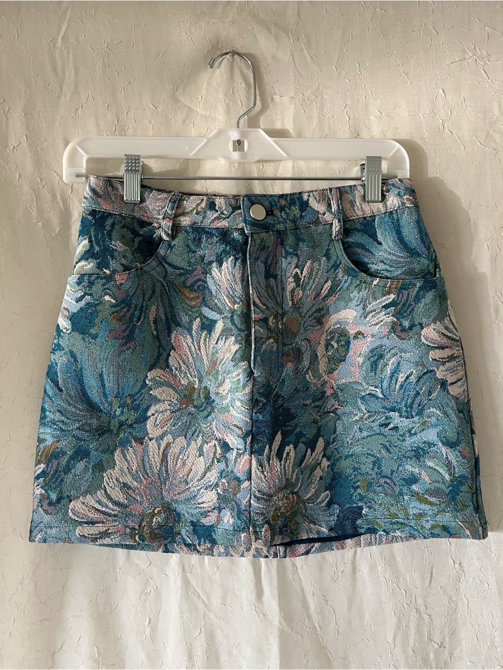 Vici Blue Floral Jacquard Mini Skirt with Pink Accents
